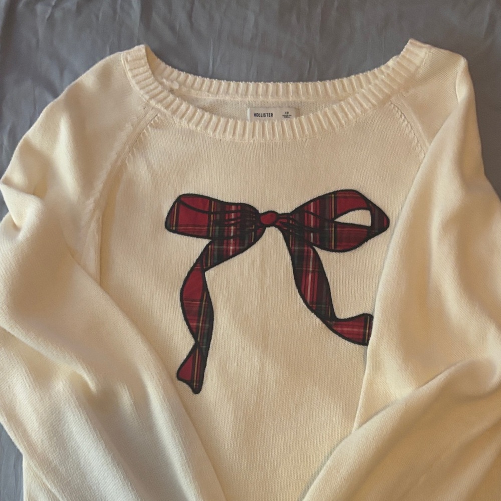 Hollister Cream Sweater with Red Plaid Bow
